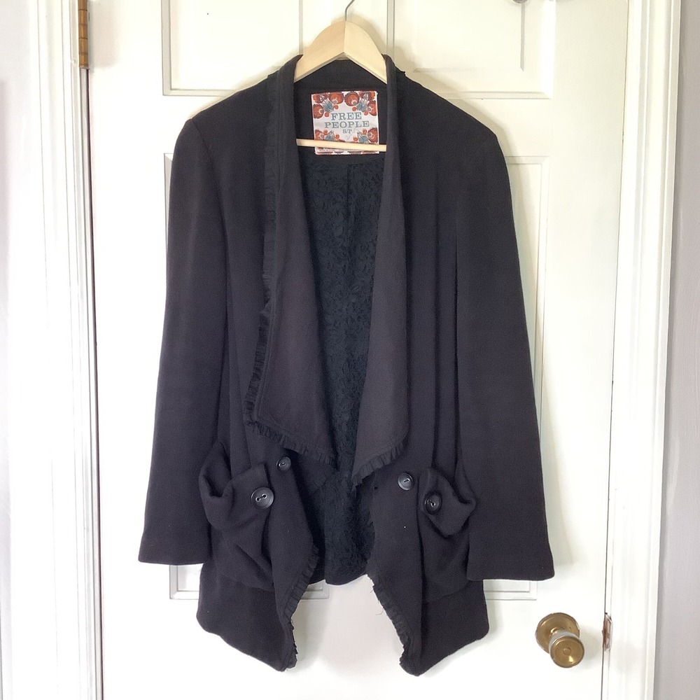 Free People Drape Jacket Fringe Trim Pockets Black Lace S/P‎